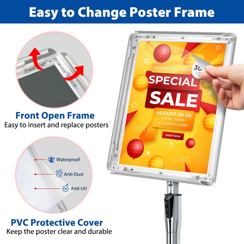 VAIIGO Pedestal Poster Sign Stand, Adjustable Aluminum 8.5 x 11 Floor Standing Sign Holder for Vertical and Horizontal View Sign Displayed, Silver - Image 5
